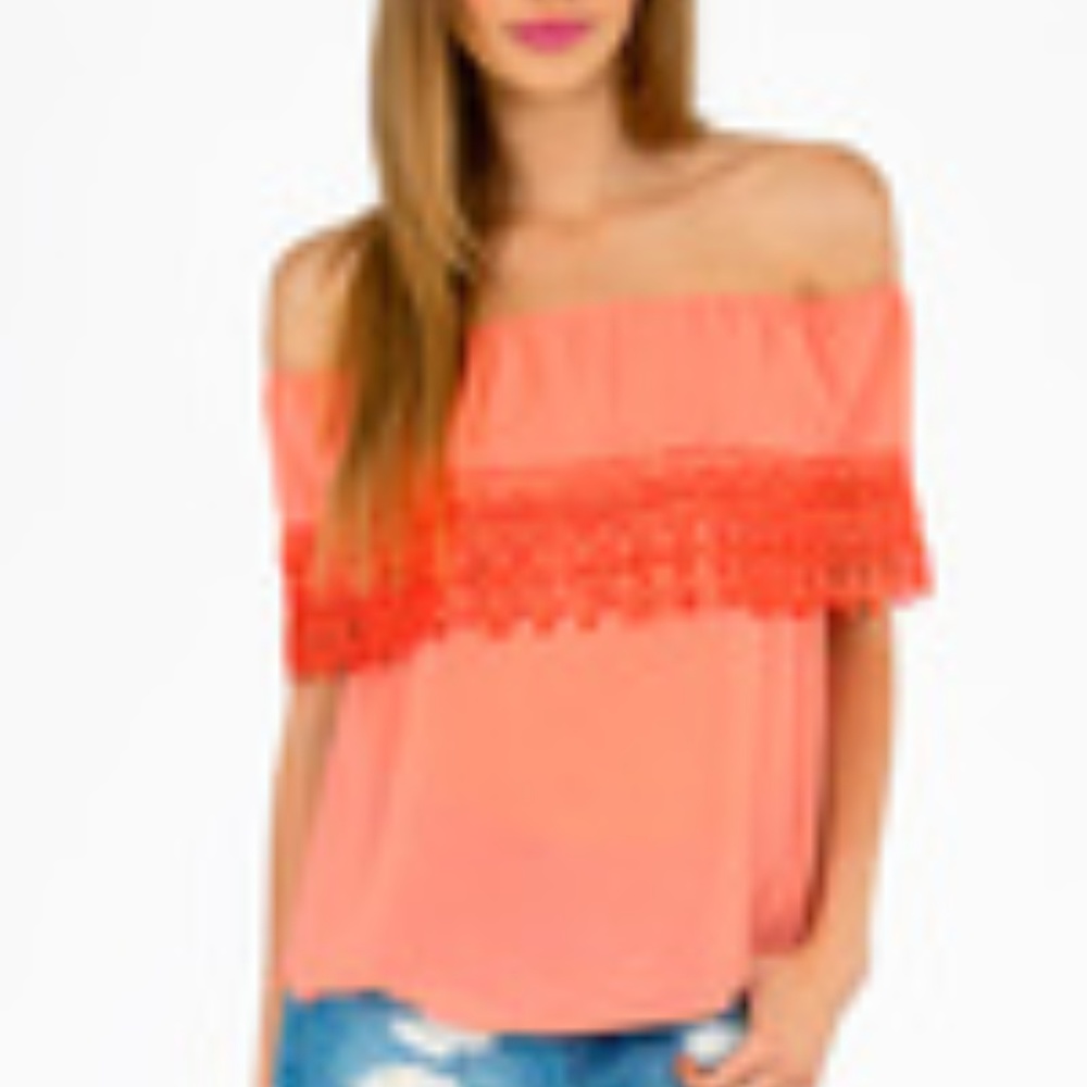 Peach Off the Shoulder Crochet Trim Top TOBI